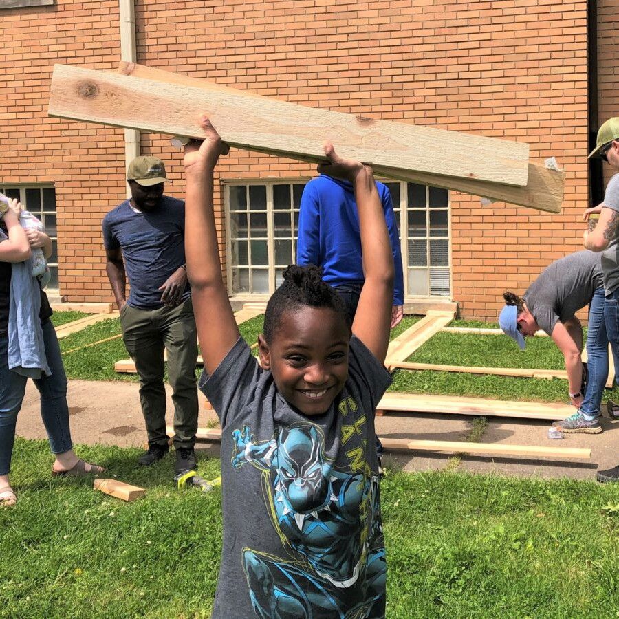 Volunteers building garden